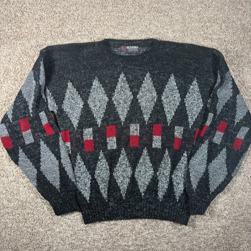 Scandia Vintage 90s Mens XL Geometric Argyle Knit Sweater Black Red Made in‎ USA